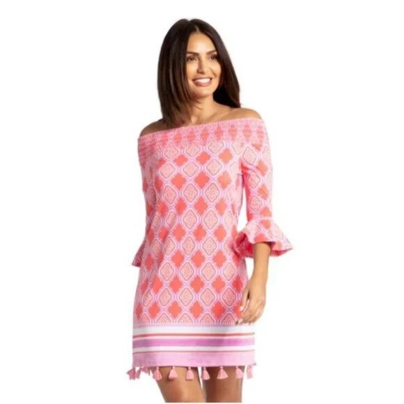 NEW! Coral Geo Off The Shoulder Dress Wowens Size Large Vacation Resort Wear - Picture 1 of 14